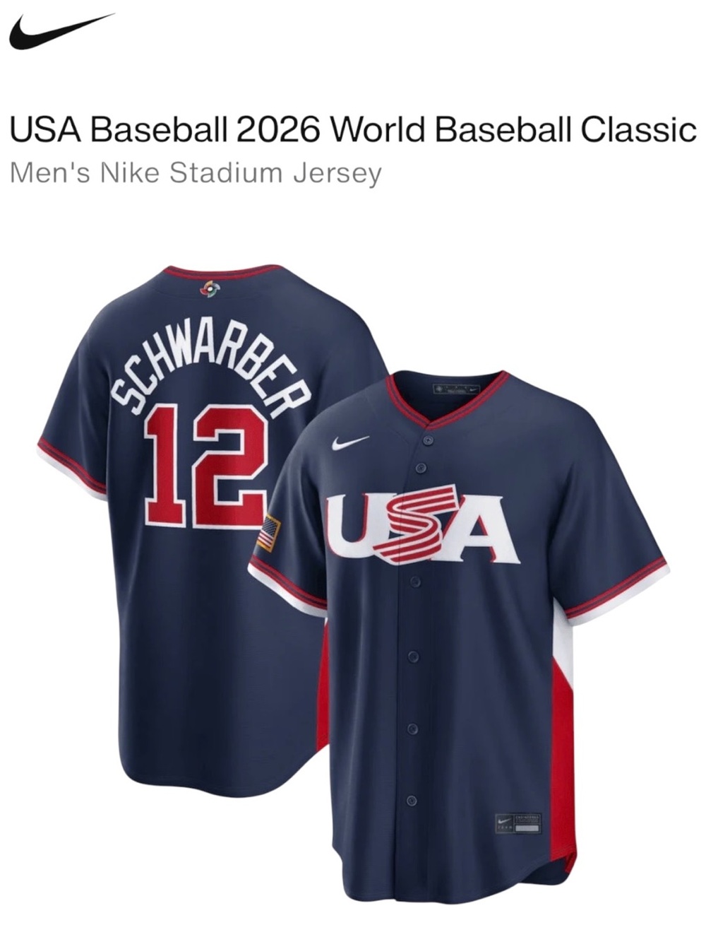 Nike Kyle Schwarber Team USA Baseball Jersey. XL - 2026 WBC Navy. New with Tags!